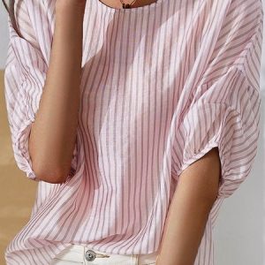 Short Sleeve Striped Casual Crew Neck Shirt, Blouses, color:Pink|size:3XL, Noracora