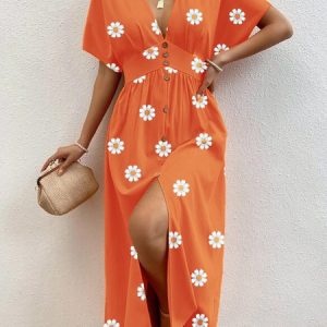 Vacation Loose Floral Buttoned Dress, Midi, color:Orange|size:XXL, Noracora