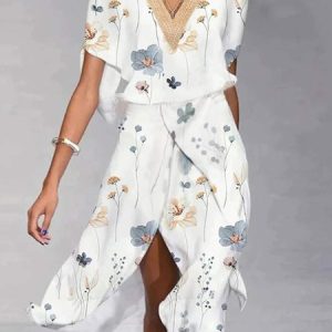Floral V Neck Lace Casual Loose Dress, Midi, color:White|size:XXL, catalog Noracora shop