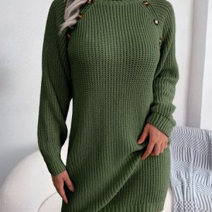 Casual Turtleneck Plain Sweater Dress, Short, color:Army Green|size:L, Noracora