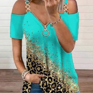 Leopard Metal Zipper Cold Shoulder Casual Shirt, Blouses, color:Green|size:XXL, Noracora