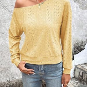 Casual Jacquard Crew Neck Plain Shirt, Blouses, color:Yellow|size:XXL, Noracora