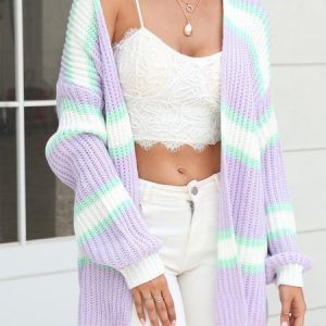 Striped Casual Knitting Cardigan, Cardigans, color:Purple|size:XL, Noracora