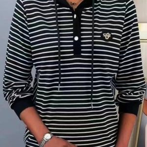 Hoodie Striped Buckle Long Sleeve Casual Hoodie Sweatshirt, Hoodies & Sweatshirts, color:Black|size:5XL, Noracora