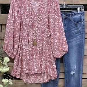 Loose Abstract Polka Dots V Neck Top, Blouses, color:Pink|size:XXL, Noracora