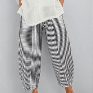Striped Loose Polyester Cotton Casual Pants, Pants, color:White|size:XXL, Noracora