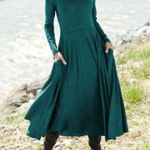Crew Neck Plain Jersey Casual Midi Dress, Midi, color:Dark Green|size:3XL, Noracora