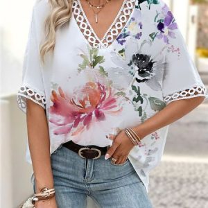 V Neck Floral Casual Lace Blouse, Blouses, color:White|size:XXL, Noracora