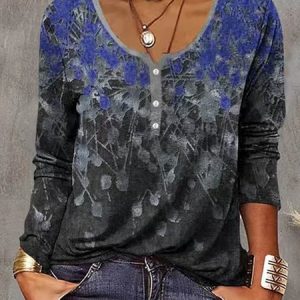 V Neck Casual Buckle Loose Blouse, T-shirts, color:Blue|size:XXL, Noracora