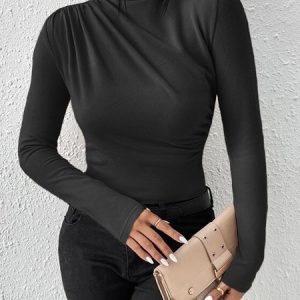 Women Plain Long Sleeve Blouse Spring/Fall Turtleneck Daily Casual Top, JustFashionNow Shirts, color:Black|size:XXL,