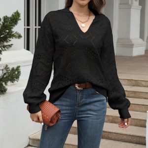 Geometric Casual Wool/Knitting Sweater, Sweaters, color:Black|size:XL, Noracora