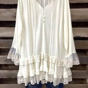 Plus Size Casual Keyhole Cotton-Blend T-shirt, T-shirts, color:White|size:3XL, Noracora