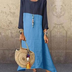Women Khaki Long Sleeve Casual Linen Maxi Dress, Maxi, color:Blue|size:5XL, Noracora
