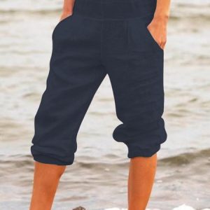 Solid Casual Straight Capri Pant, Pants, color:Dark Blue|size:5XL, Noracora