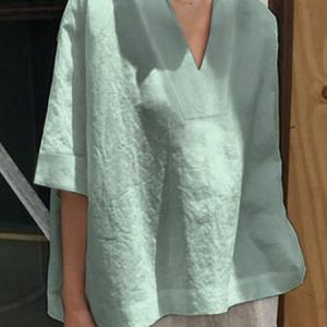 V Neck Plain Loose Half Sleeve Vacation Tunic Blouse, Blouses, color:GREEN GRAY|size:3XL, catalog Noracora shop
