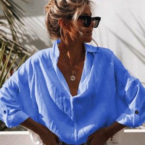 Cotton-Blend Casual Long Sleeve Blouse, Shirts, color:Blue|size:3XL, Noracora