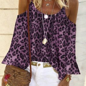 Loose Cotton-Blend Leopard Causal Top, Tops, color:Purple|size:XL, Noracora