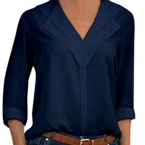 Women V-Neck Solid Color Long Sleeve Blouse, Blouses, color:Deep Blue|size:5XL, Noracora