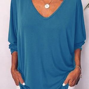 Fashion Solid V Neck Long Sleeve Buttoned Tunic T-Shirt, T-shirts, color:Blue|size:3XL, Noracora