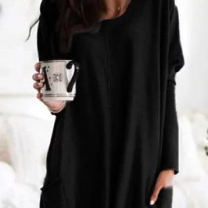 Casual Pockets Long Sleeve Solid Tunic Top, Hoodies & Sweatshirts, color:Black|size:3XL, Noracora