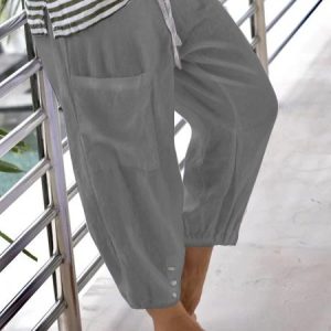 White Casual Pockets Vintage Linen Pants, Pants, color:Gray|size:3XL, Noracora