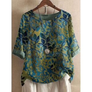 Round Neck Bronzing Leaf Print Casual Blouse, women tops, COTOSEN