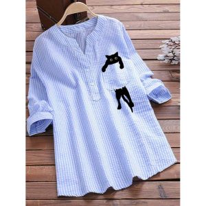 V-neck Cotton And Linen Striped And Cat Print Long Sleeve Blouse, women tops,  COTOSEN