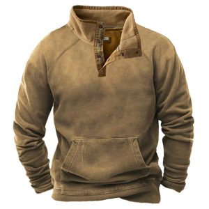 Men's Vintage Print Casual Polo Neck Sweatshirt, Tactical Sweatshirts & Hoodies,  COTOSEN