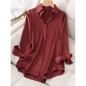 Lapel Single-breasted Solid Color Long-sleeved Blouse, women tops, COTOSEN