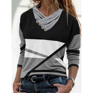 Fashion Color Matching Pile Collar Long-sleeved Casual T-shirt, women tops,  COTOSEN