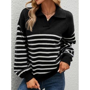 Casual Striped Contrast Lapel Long Sleeve Sweater, women tops,  COTOSEN