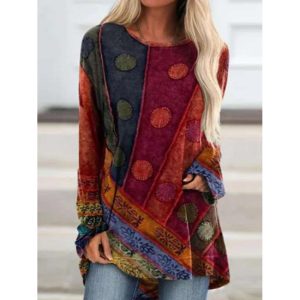 Casual Vintage Ethnic Print Crew Neck Long Sleeve T-Shirt, women tops,  COTOSEN