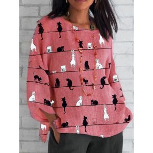 Casual Cat Print Crew Neck Long Sleeve Blouse, women tops, COTOSEN