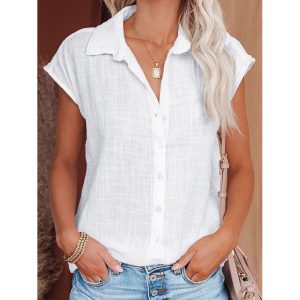 Casual Solid Color Lapel Short Sleeve Shirt, women tops,  COTOSEN