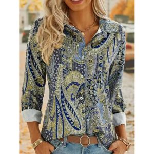 Casual Vintage Print Lapel Long Sleeve Shirt, women tops,  COTOSEN