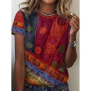Casual Vintage Geometric Print Crew Neck Short Sleeve T-Shirt, women tops, COTOSEN