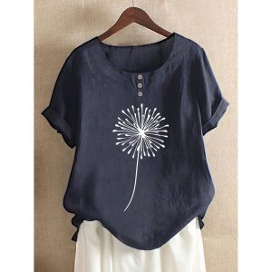 Casual Dandelion Print Button Crew Neck Short Sleeve Blouse, women tops, COTOSEN