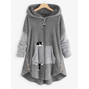 Women Casual Cat Print Zip Hooded Coat, women tops,  COTOSEN