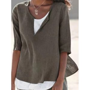 Round Neck Casual Loose Solid Color Long Sleeve Blouse, women tops,  COTOSEN