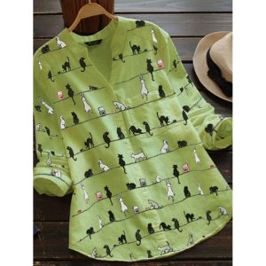 Cartoon Cat Print Casual Cotton And Linen Long Blouse, women tops,  COTOSEN