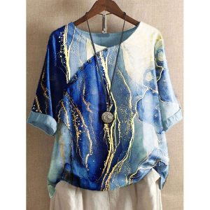 Round Neck Casual Loose Marble Print Short Sleeve Blouse, women tops, COTOSEN