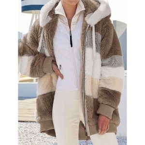 Casual Loose Contrast Plush Panel Zip Hooded Coat, women tops, COTOSEN
