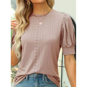 Round Neck Casual Loose Embroidery Hollow Short-Sleeved T-Shirt, women tops,  COTOSEN