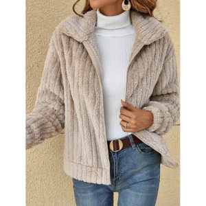 Casual Loose Solid Sherpa Zip-Up Coat, women tops,  COTOSEN