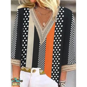 V-neck Hollow Loose Casual Printed Three Quarter Sleeve Blouse, women tops,  COTOSEN