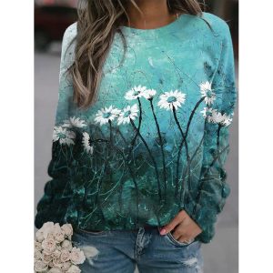 Round Neck Casual Loose Floral Print Sweatshirt, women tops,  COTOSEN