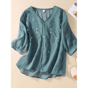 V-neck Casual Loose Embroidered Short-sleeved Blouse, women tops,  COTOSEN