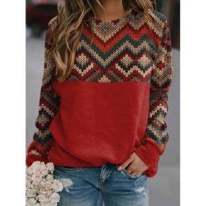 Round Neck Casual Loose Vintage Geometric Print Sweatshirt, women tops,  COTOSEN