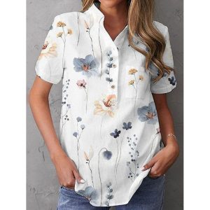 Casual Loose Floral Print Short Sleeve Blouse, women tops,  COTOSEN