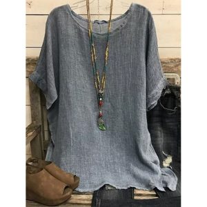 Round Neck Casual Loose Solid Color Linen Short-sleeved Blouse, women tops,  COTOSEN